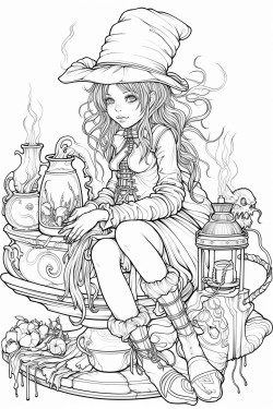 steampunk witch sitting next to a cauldron