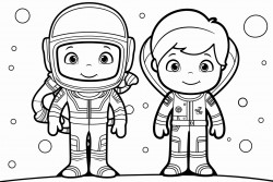 a boy and a girl put on their astronaut costumes and stand next to a rocket