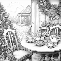 a coloring book page of a vintage holiday tea party with elegantly set table featuring teapot cup and seasonal treats table is decorated with a long wreath and a christmas tree near the table there should be a white background with open space between the lines leaving room for hand coloring