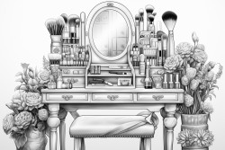 a chic vanity with an elegant mirror surrounded by makeup brushes foundations eyeshadow palettes and lipstick tubes