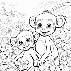 smiling monkeys in paradise next to the beautiful forest with flowers