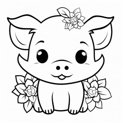 chubby kawaii piglet with a curly tail and a flower behind its ear