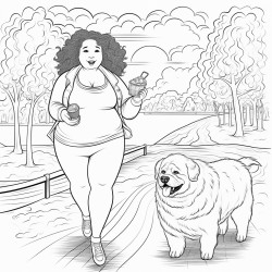 coloring page black and white fat girl having ice cream in the park walking with her dog