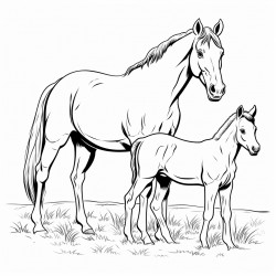 mare quarter horse out on a pasture with her colt eating grass
