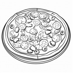 black and white coloring book drawing only thick outlines no grayscale for children in cartoon style pizza with toppings