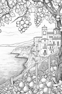 view of amalfi coast with lemons hanging from vines overhead