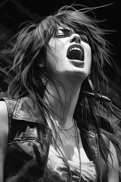 a attractive female singing on stage with her rock band bad girl attitude punk long flowing hair