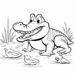 a cartoon alligator feeding ducks