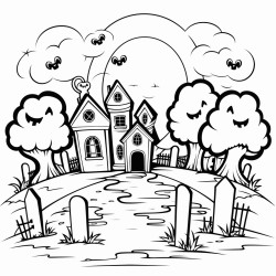 image with black lines on a white background illustrating a friendly cartoon of a spooky graveyard with tombstones ghosts and a full moon for coloring in large basic shapes coloring book style no solid fill ample white space for easy coloring ideal for kids coloring books enhanced line clarity