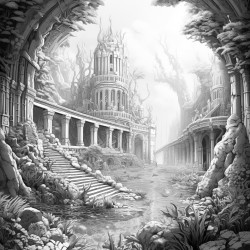 the ruins of an underwater castle and a handsome young merman male mermaid explores around