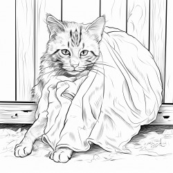 a scruffy stray cat trying to get out of a burlap sack