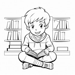child sitting cross legged reading book in library