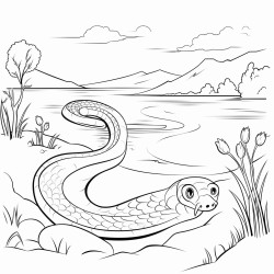 a snake in a lake with a rake on the side of the lake