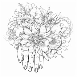 female hand with long fingernails and rings on fingers coloring book page black and white only no colors