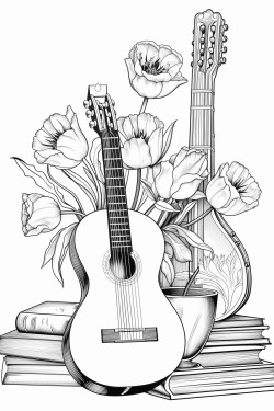 artistic still life with a guitar and a vase with tulipans