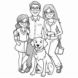 five year old girl with pigtail braids and glasses with her mom and dad and a beagle
