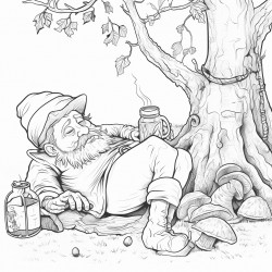 drunkyard gnome with a bottle of vine sleeping under a tree
