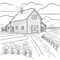 create a coloring page with clear thin line art and no shading or filled areas the design should feature a barn