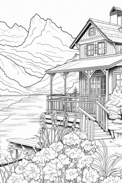 a hours switzerland landscape with a quaint stone house surrounded by flowers wooden dock extending into a lake