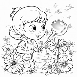little girl looking through a magnifying glass at flowers all around her
