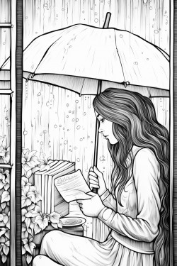 raining girl back window bookshelf coffee sketch