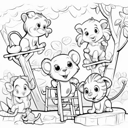 jungle animals playing on a playground anime style