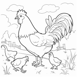 a family of chickens pecking at the ground