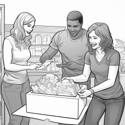 2 large white women and a medium build black man packing boxes