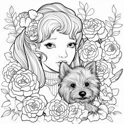 beautiful doll with flowers flowing hair ribbons with a cute scottish terrier and patterdale terrier