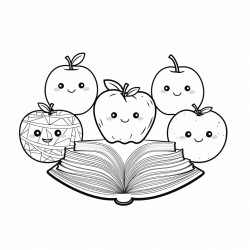 a group of six different fruits each reading a book and sitting in a circle setting is simple classroom style is cartoon