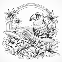 generating a highresolution 8k coloring book illustration of generating a highresolution 8k coloring book illustration of a tropical island with a surfing parrot with ride the waves in fun beachy font palm trees surfboards and coconuts add detail