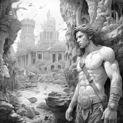 the ruins of an underwater castle and a handsome young merman male mermaid explores around