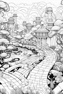 a geometic flowing fantasy garden in an eerie forest with a cat over looking a lake on top of a boulder