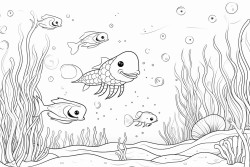 underwater scene with animals like sharks or octopi