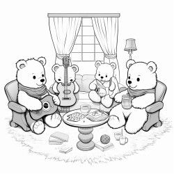 illustration a group of teddy bears sitting in a circle discussing their band plans with a teddy bear holding a notepad background a cozy living room with musical posters on the walls and a coffee table with snacks