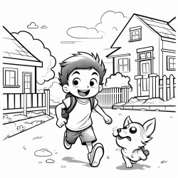 a dog running towards a boy japan street
