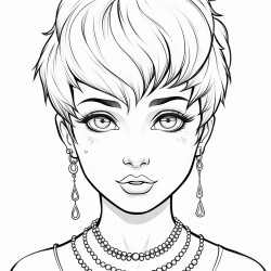 female eyes fully black short fluffy pixie cut pointed ears wearing a necklace with a gem at the bottom