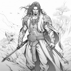 fierce and friendly asian hero with long flowing hair robes lotus in one hand sword in the other handsome full body