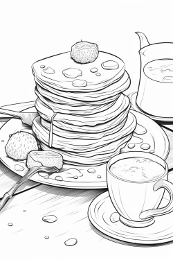 pancakes and a poached egg on the table with two cups of coffee