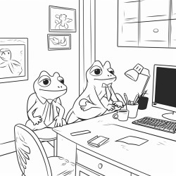 tiny frogs in an office