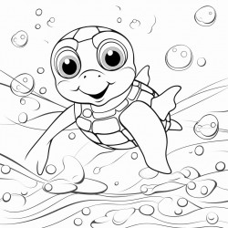 happy little sea turtle swimming among bubbles