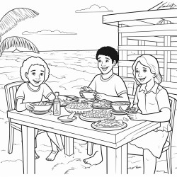 pacific family sharing food at a table set in beach house picture on wall says  all are welcome at my table