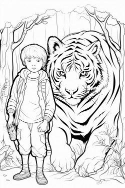 playing boy with tiger in dark forest