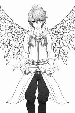 teenage anime boy full body with bird wings
