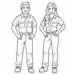 staff members smiling full body wearing polo shirts and work boots