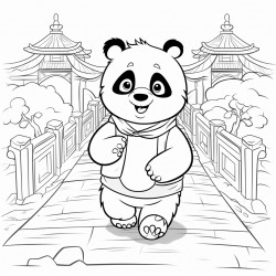 a panda walking in a pathway outline lineart coloring book 2d cartoon character