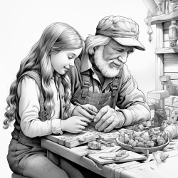 an old man teaching a little girl about woodworking