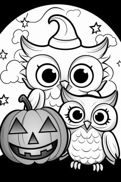 smiling halloween pumpkin and cute owl flying in front of the moon