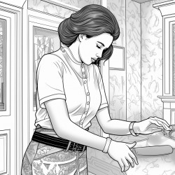 create an image of a woman putting on a belt background detailed and decorative