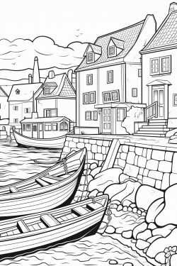 coastal town coloring page houses with tiled roofs cobbled street wooden dock fishing boats